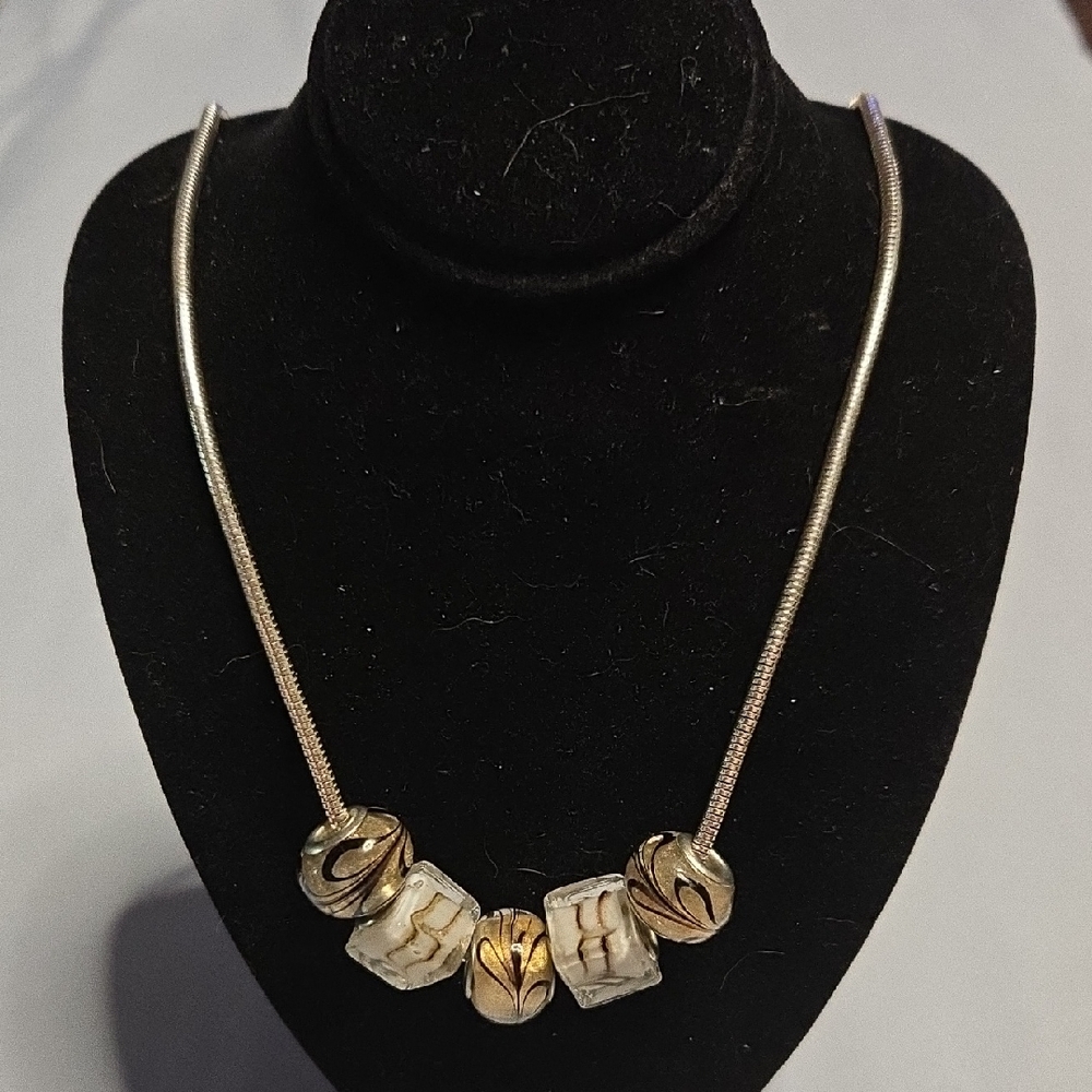 Chic Gold and Silver Murano Glass Beaded Necklace
